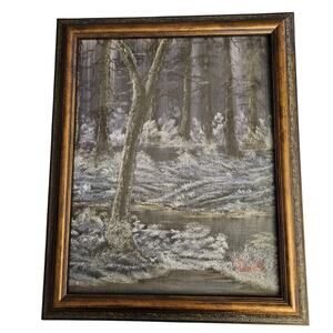Vintage Forest Landscape Acrylic Painting Signed Troll Framed Woodland Art
